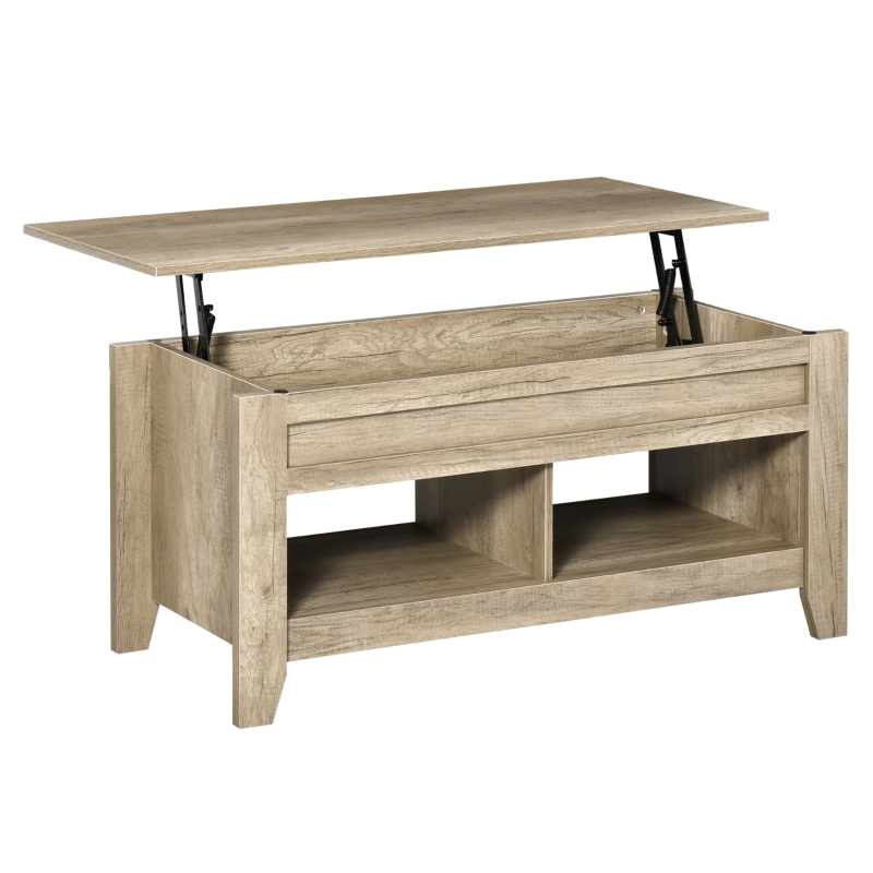 HOMCOM 42" Lift Top Coffee Table with Hidden Storage Compartment and Open Shelves, Lift Tabletop Pop-Up Accent Table for Living Room, Oak Wood Grain