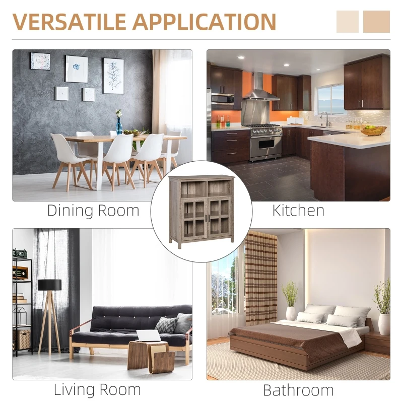 HOMCOM Accent Sideboard, Serving Storage Buffet Cabinet with 2 Open Components, Glass Door Coffee Bar Cabinet and Adjustable Shelf, Oak