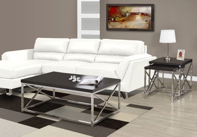 Monarch 44" Contemporary Chrome Frame Accent Cocktail Coffee Table - Cappuccino Brown Wood Grain-Look Finish