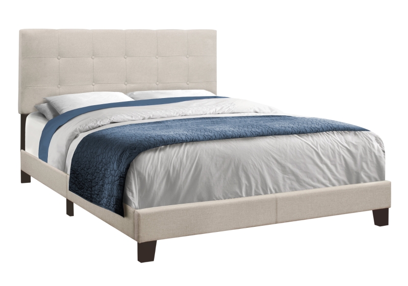 Monarch Queen Size Contemporary Upholstered Bed Frame with Tufted Headboard and Wood Legs - Beige Linen Look