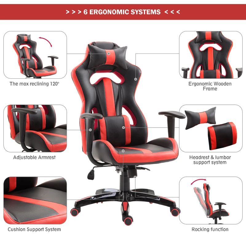HOMCOM High Back Gaming Chair Bucket Seat with Pillow and Build-in Lumbar Racing Style Adjustable Swivel Recliner Home Red