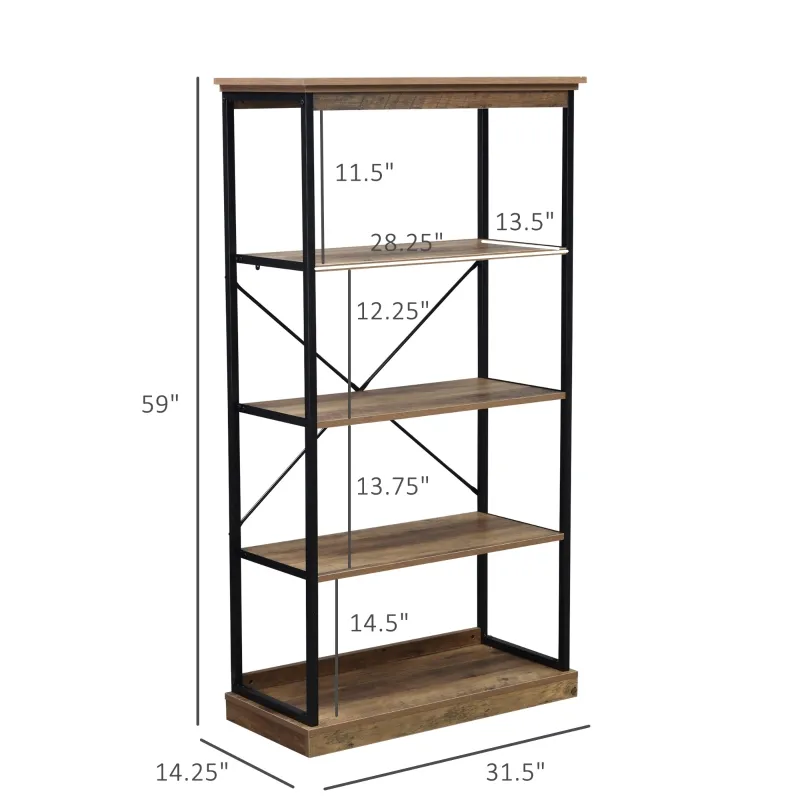 HOMCOM 4-Tier Industrial Bookshelf, Floor Standing Display Shelf, Bookcase with Metal Frame and Storage Shelving unit for Home Office, Living Room, Bedroom, Brown