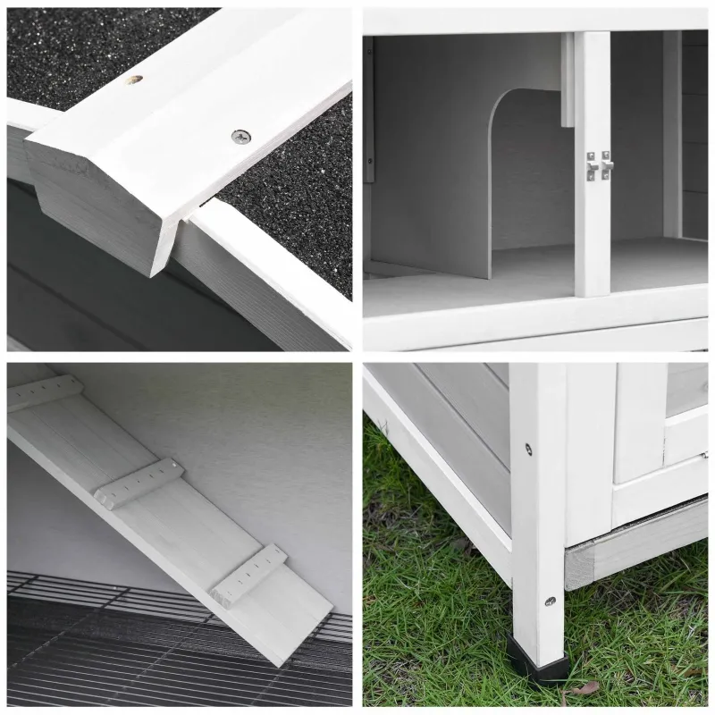 PawHut 48" 2-Story Rabbit Hutch Wooden Bunny Cage Small Animal Habitat with Ramp, No Leak Tray and Weatherproof Asphalt Roof, Indoor/Outdoor Light Grey