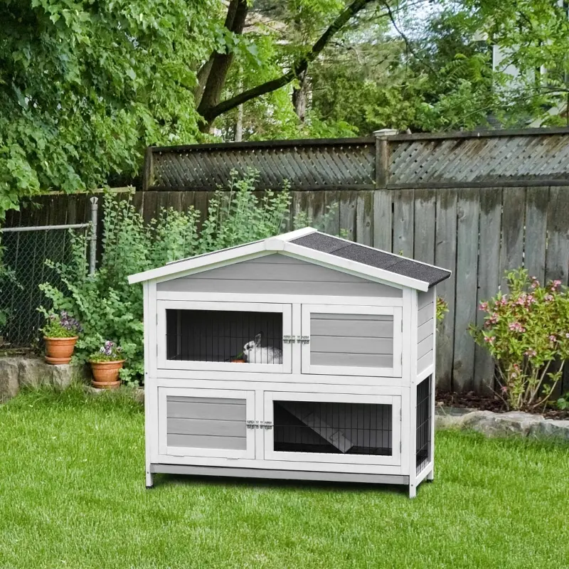 PawHut 48" 2-Story Rabbit Hutch Wooden Bunny Cage Small Animal Habitat with Ramp, No Leak Tray and Weatherproof Asphalt Roof, Indoor/Outdoor Light Grey