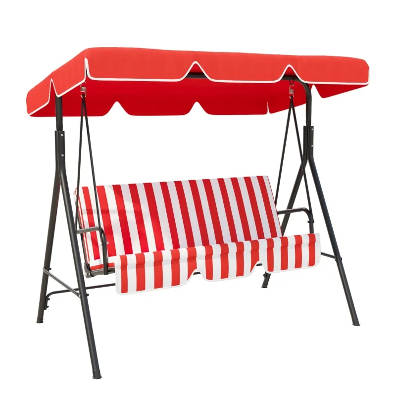 Outsunny 3-Seater Outdoor Porch Swing with Adjustable Canopy, Patio Swing Chair for Garden, Poolside, Backyard, Red and white