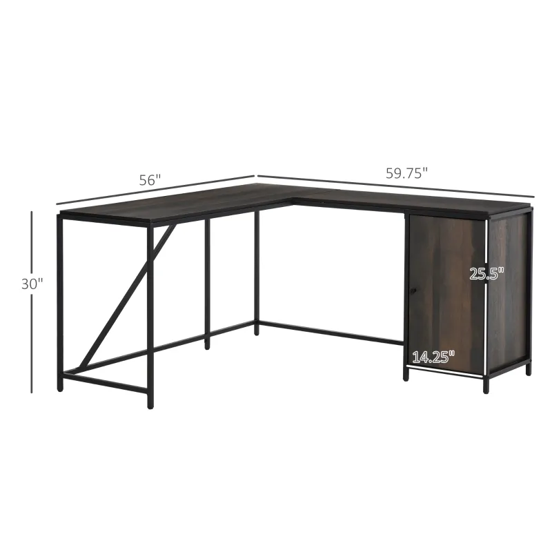 HOMCOM L-Shaped Computer Corner Desk with Storage Cabinet, Adjustable Shelf, Large Tabletop and Black Steel Frame, Brown