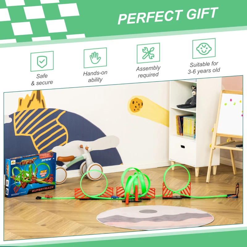 Qaba Race Track Set Track Builder Loop Kit Criss Cross Track Set Starter Kit with Pull-back Cars for 3-6 years old Boys and Girls Green