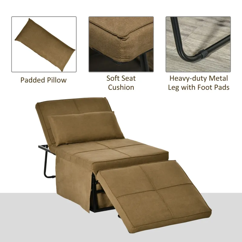 HOMCOM 4-in-1 Multi Function Folding Single Sofa Bed with Retractable Footrest, Convertible Sleeper with Adjustable Backrest For Living Room and Small Spaces, Brown