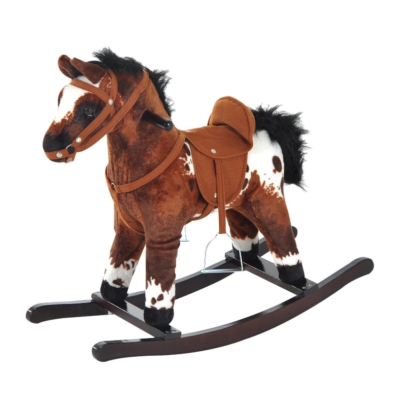 Open Box Qaba Kids Metal Plush Ride-On Rocking Horse Chair Toy with Realistic Sounds - Light Brown / White