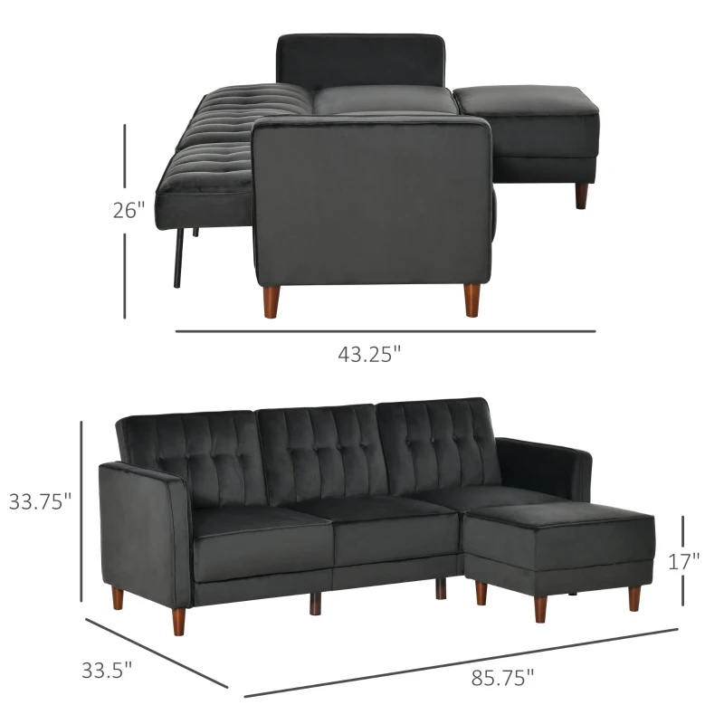 HOMCOM Upholstered L-Shaped Sofa Bed, Reversible Sectional Recliner Sofa Set, Velvet-Touch Sleeper Futon with Footstool, Black