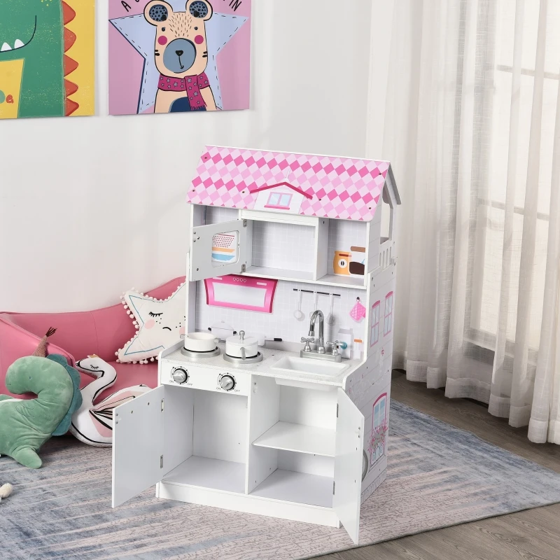 Qaba 2 in 1 Multifunctional Kids kitchen Doll House Toddler Pretend Play Toy Kitchen with Accessories Realistic Play Cooking Set for Girls Boys Pink