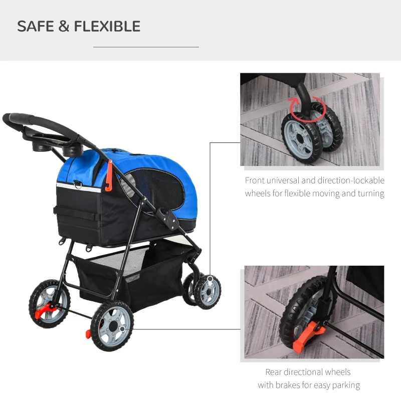 PawHut Pet Stroller Foldable Dog Cat Travel Carriage 5 In 1 Design Carrying Shoulder Bag Backpack Stroller Luggage with Universal Wheel Canopy Basket Cup Holder Blue