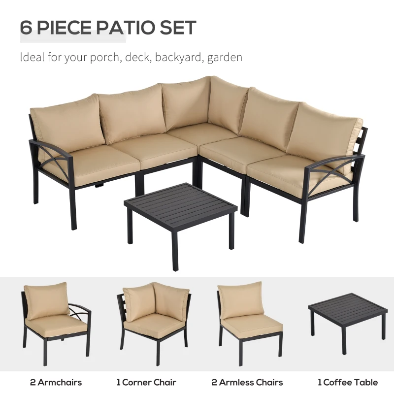 Outsunny 6-Piece Patio L-Shaped Sofa Conversation Set with Coffee Table, Water-Fighting Materials, & Comfort, Beige