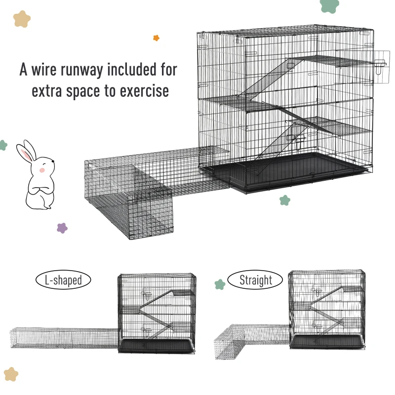 Pawhut Small Animal Cage Hutch Pet Play House with Platform, Ramp, Removable Tray, Wire Runway for Rabbits, Guinea Pigs, Ferret