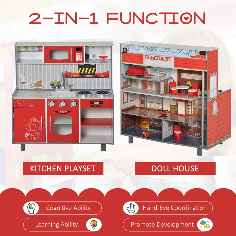 Qaba 2 in 1 Multifuction Kids Kitchen Play Set with Accessories Large Play Kitchen Red