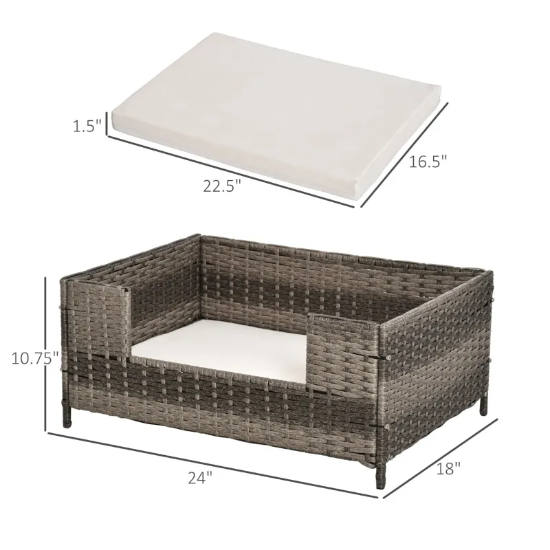 PawHut Rattan Pet Bed Raised Wicker Dog Sofa for Doggy and Cat Indoor & Outdoor with Soft Washable Cushion Gray
