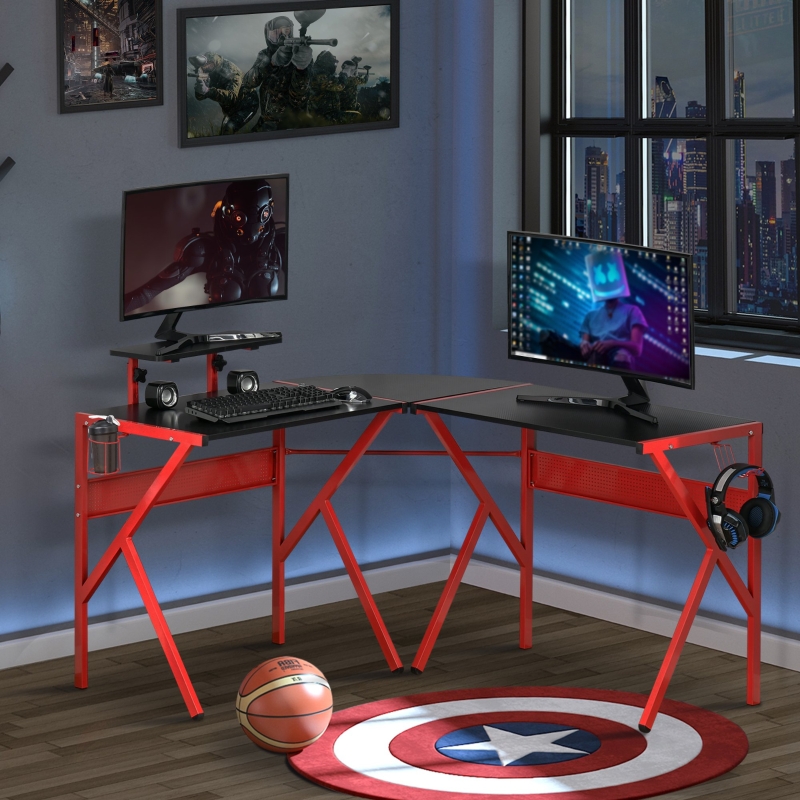HOMCOM Gaming Desk, L-Shaped Corner Computer Table for Home Office, Workstations with Adjustable Monitor Stand Cup Holder Headphone Hook 49.25" x 49.25" x 29.5" Red