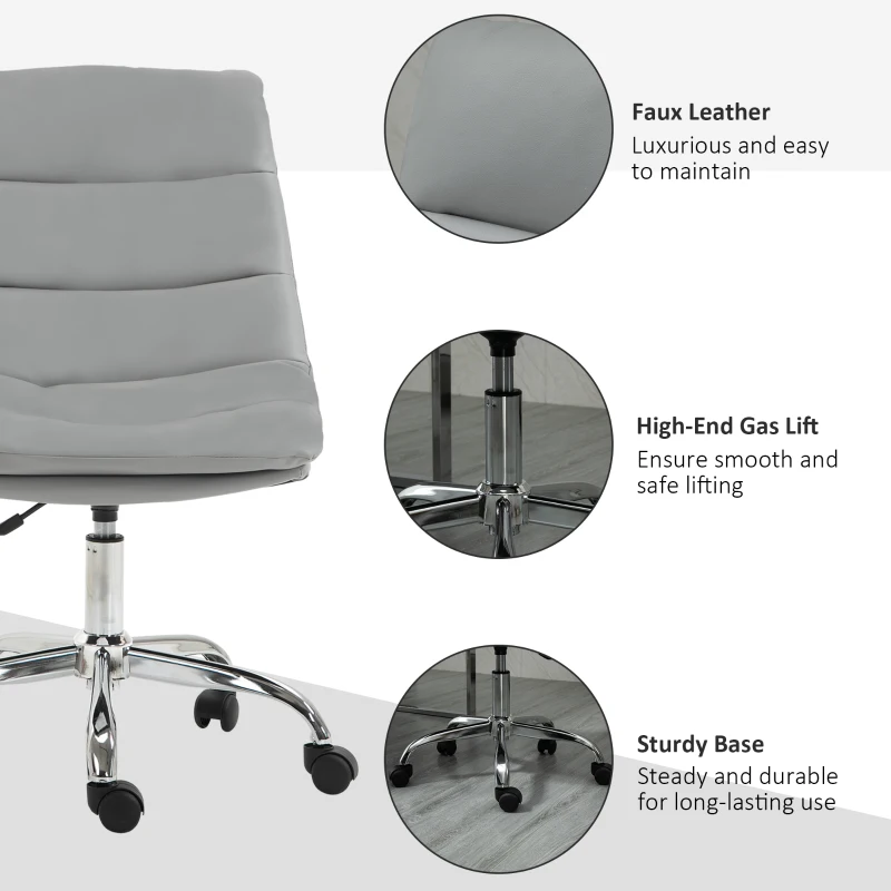 Vinsetto Armless Office Chair Ergonomic Computer Desk Chair Mid-Back Upholstered Task Chair with PU Leather, Adjustable Height and Swivel Seat, Grey