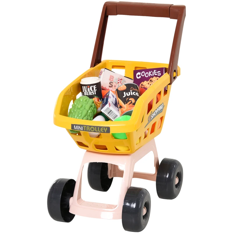 Qaba Kids Supermarket Playset with Shopping Cart Pretend Play Set Toys with Working Scanner & Credit Card Reader Play Toy Accessories Light & Sound for 3 to 6 Years Brown