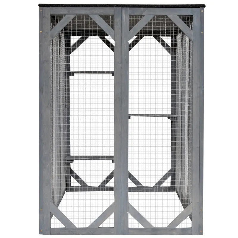 PawHut 71" x 32" x 44" Large Wooden Outdoor Cat Enclosure Catio Cage With 3 Platforms, Gray