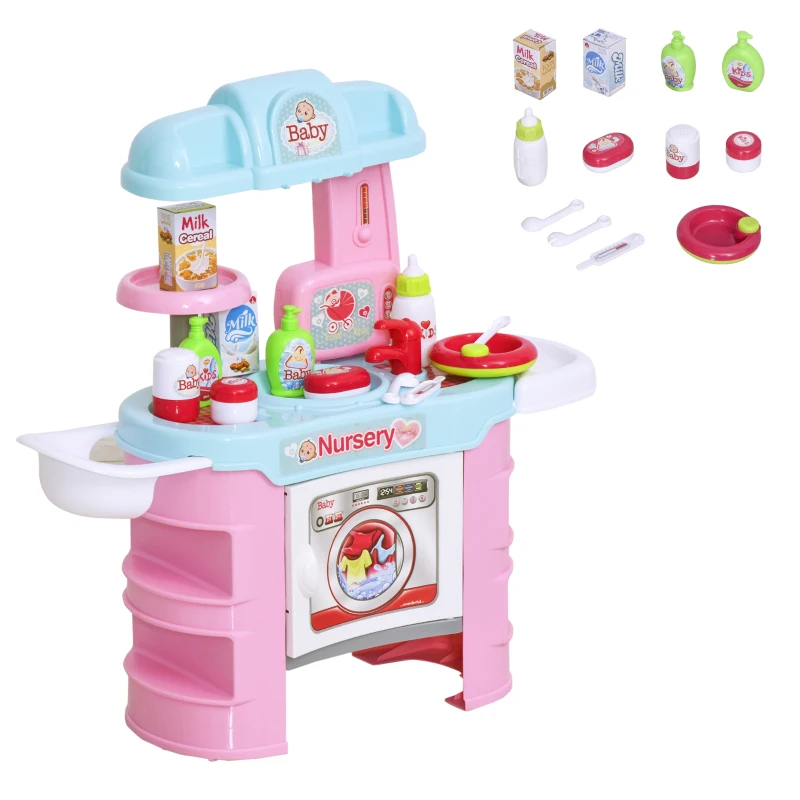 Qaba Baby Doll Bath Playset Kids Baby Nursery Set with Accessories for Boys Girls Ages 3-6 Years Pretend Play Set for Children Blue Pink