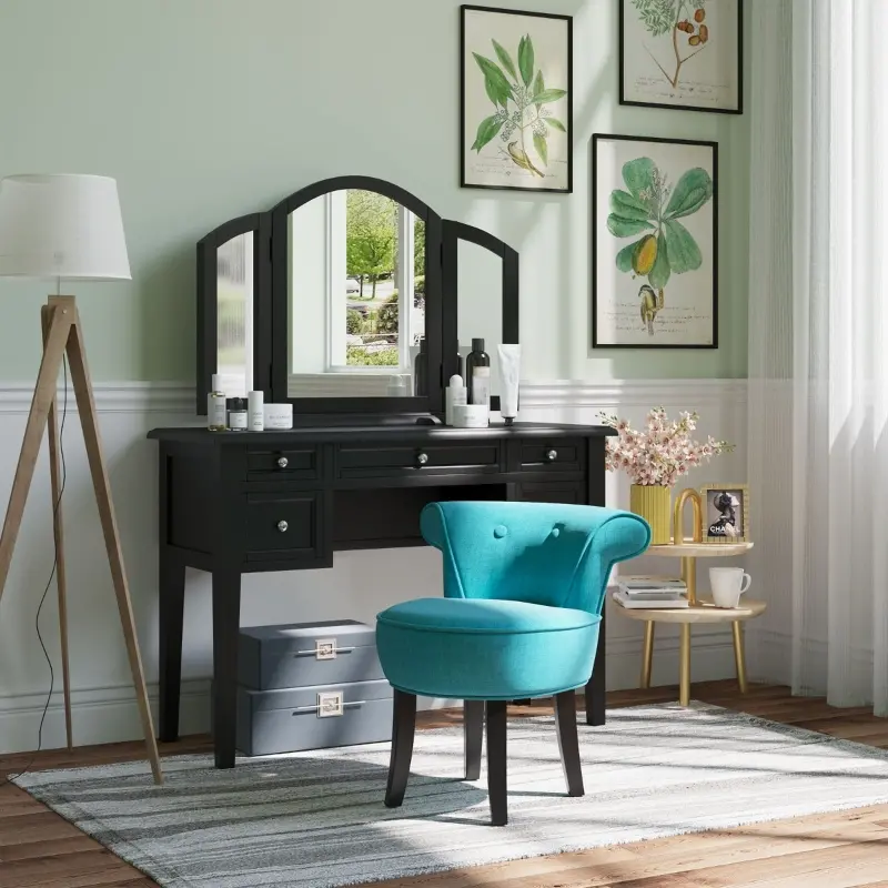 HOMCOM Upholstered Linen Vanity Stool with Curved Thick Padded Backrest, Rubberwood Legs, and Footpads, Blue