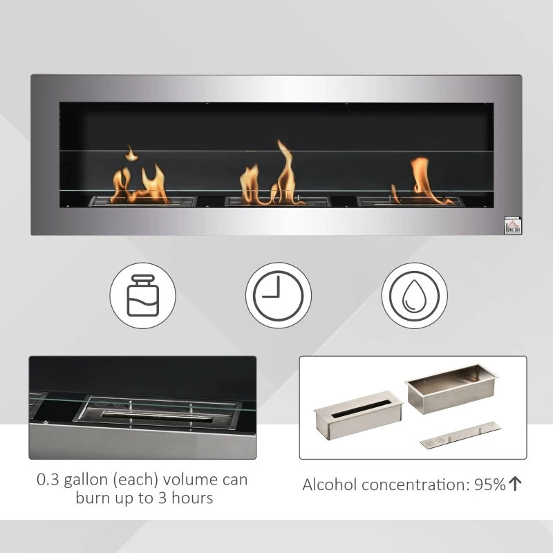 HOMCOM Ethanol Fireplace, 47.25" Wall-Mount 0.3 Gallon Steel 215 Sq Ft., Burns up to 3 Hours, Silver