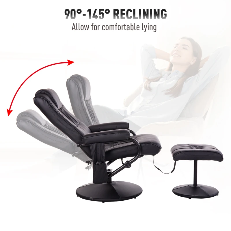 HOMCOM Massaging Faux Leather Recliner Chair and Ottoman Set, Swivel Vibration Massage Lounge Chair with Remote Control for Living Room, Bedroom, or Office, Black