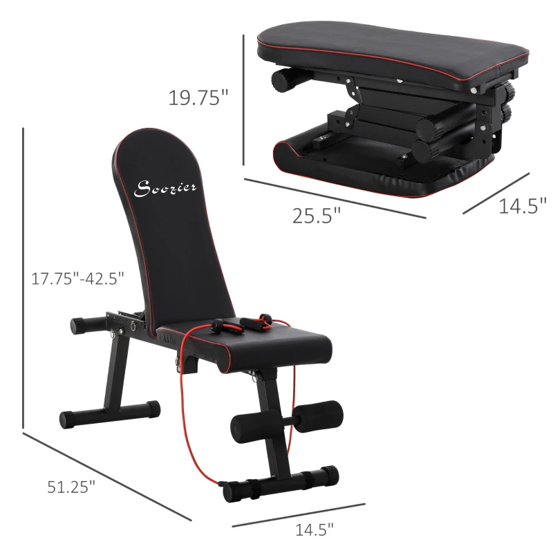 Soozier Foldable Multifunctional Sit Up Dumbbell Bench Adjustable Exercise with Resistant Rope for Home, Office and Gym, Black