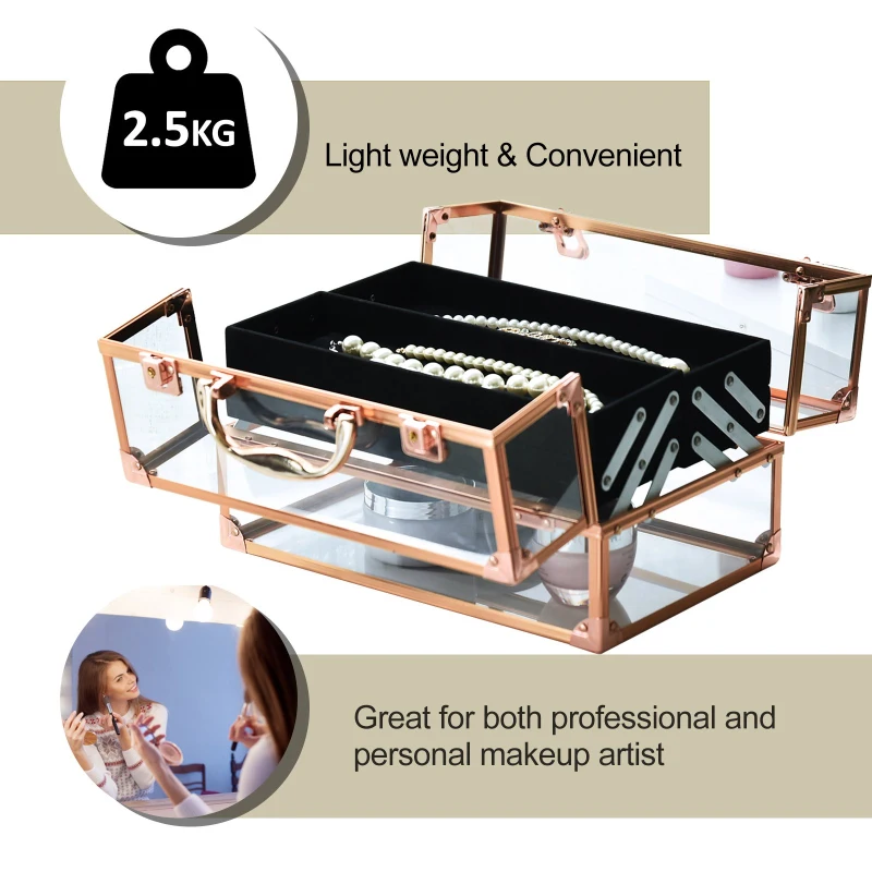 HOMCOM Portable Makeup Case Train Case Lockable Aluminum Rose Gold