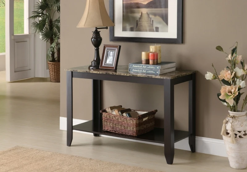 Monarch 44" Transitional Shelved Rectangular Marble-Look Top Console Table - Cappuccino