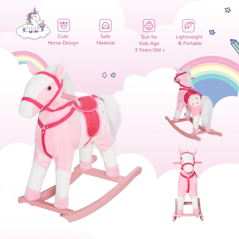 Qaba Kids Plush Toy Rocking Horse Pony Toddler Ride on Animal Rocker with Realistic Sounds, Birthday Gifts for Girls, Pink