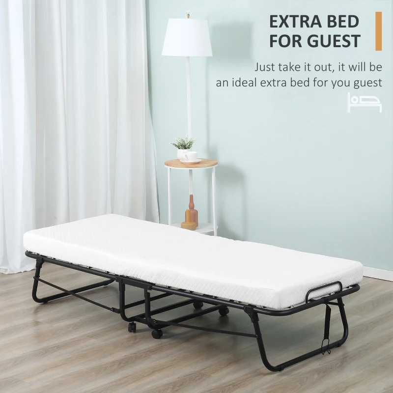 HOMCOM Rollaway Bed, Folding Bed with 4" Mattress, Portable Foldable Guest Bed with Memory Foam, Steel Frame and Wheels, White