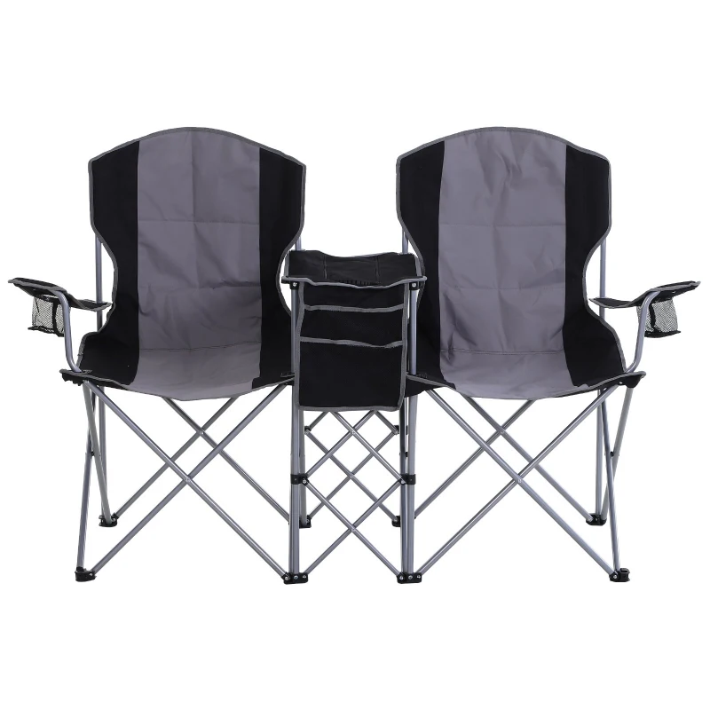 Outsunny 2 Person Folding Camping Chair Oxford Metal Fishing w/ Ice Bag  Cup Holder Black