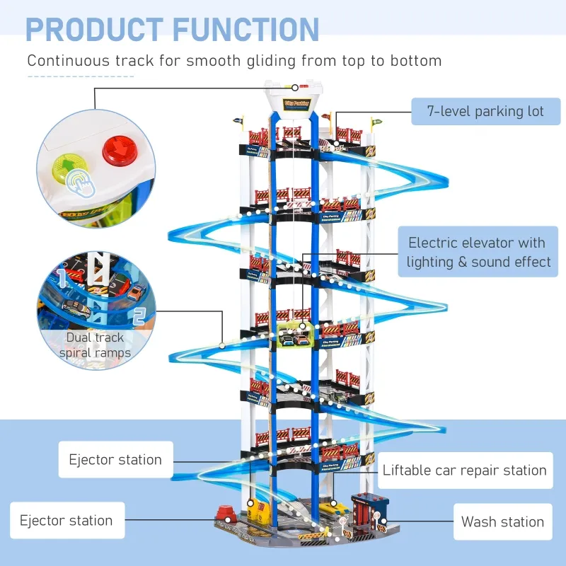 Qaba 7-Level Car Parking Garage Toy Dual Race Tracks Car Ramp Set Toddler Car Games w/ Electric Elevator Wash, Gas, Ejector & Car Repair Station Metal Cars for 3-6 Years Old