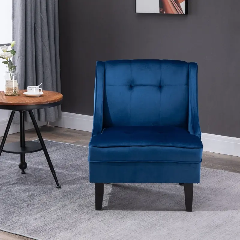 HOMCOM Upholstered Accent Chair Modern Winged Tufted Contemporary Single Sofa Chair with Rubber Wood Legs, Thick Padding Mid-Back, and Wings for Living Room Bedroom, Blue