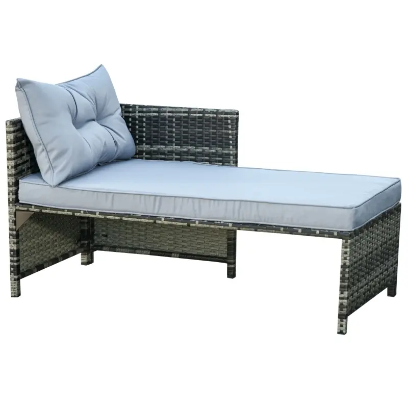 Outsunny 3 Piece Patio Furniture Set, Rattan Outdoor Sofa Set with Chaise Lounge & Loveseat, Soft Cushions, Tempered Glass Table, L-Shaped Sectional Couch, Light Gray