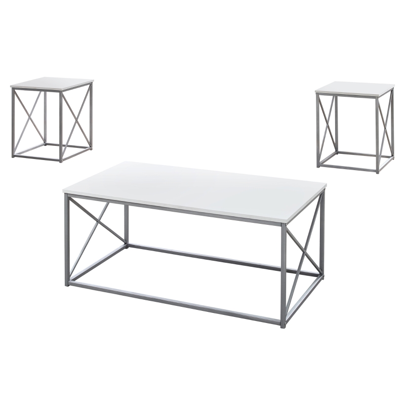 Monarch 3 Piece Modern Minimalist X Braced Laminate Top Coffee Table / Two Matching End Tables Set - White, Silver Metal