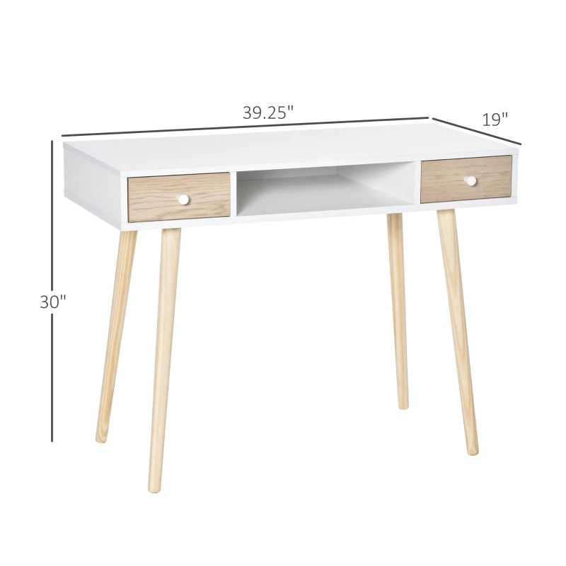 HOMCOM Kids Wooden Work Study Desk Makeup Vanity and Writing Computer Table with Storage Drawers & Pinewood Legs, White and Natural