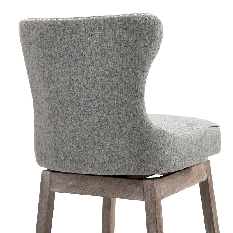HOMCOM Upholstered Fabric Bar Height Bar Stools Set of 2, 180° Swivel Nailhead-Trim Pub Chairs, 30" Seat Height with Rubber Wood Legs, Grey