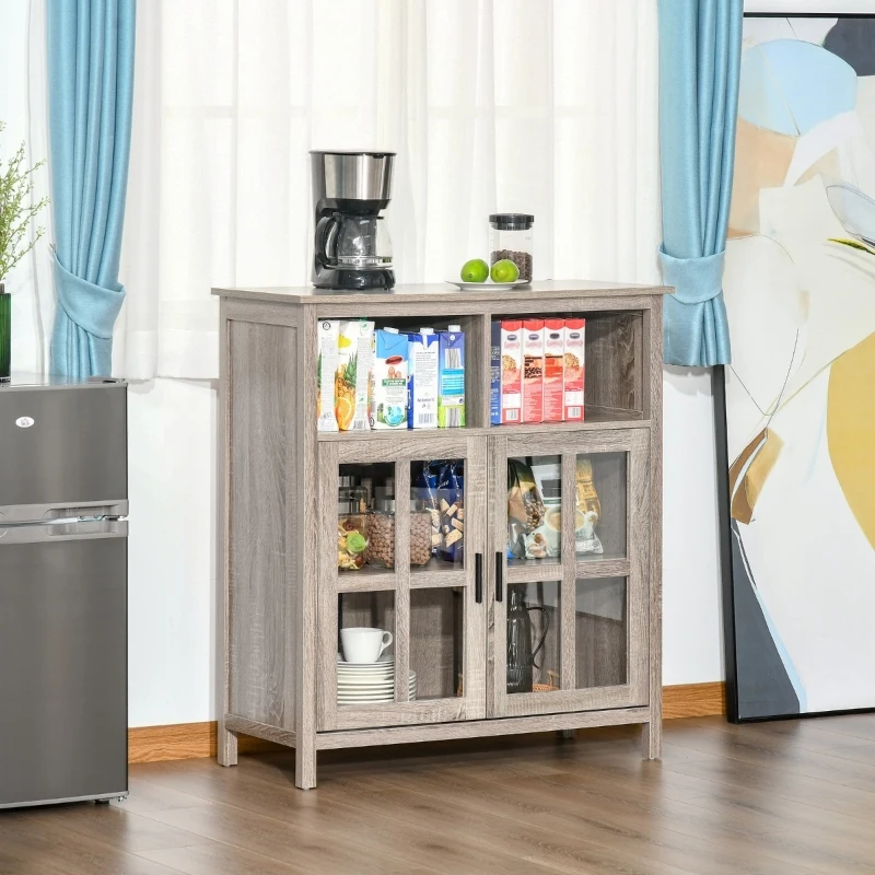 HOMCOM Accent Sideboard, Serving Storage Buffet Cabinet with 2 Open Components, Glass Door Coffee Bar Cabinet and Adjustable Shelf, Oak