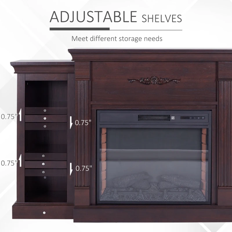 HOMCOM 70" W x 15.75" H Electric Fireplace Mantel TV Stand, Media Console Center Cabinet with 6 Shelves and Remote Control, Dark Brown