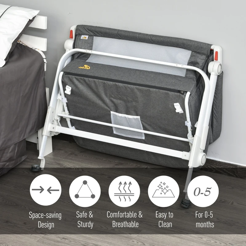 Qaba Baby Bassinet Bedside Sleeper Folding and Adjustable Baby Crib Diaper Changer Nursery Bed for 0-5 Months Infants with Wheels & 5 Height Levels, Dark Grey