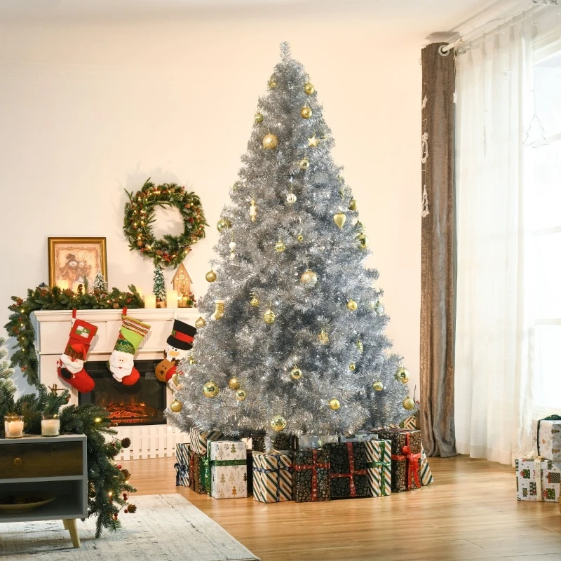 HOMCOM 7.5ft Unlit Full Pine Artificial Christmas Tree with Realistic Branches, Fake Holiday Tree with 1477 Tips, Silver