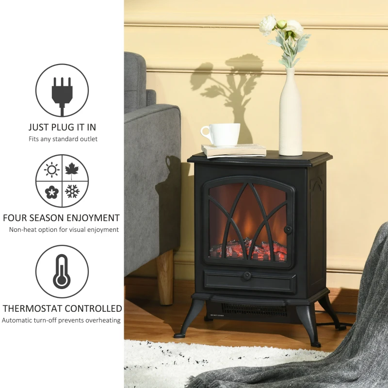 HOMCOM Free Stand Electric Fireplace Stove Heater with Adjustable LED Flame Effect and Front Door, 750W/1500W, Black