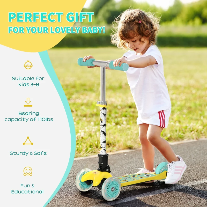 Aosom Kick Scooter for Kids, Foldable Children's Scooter with 3 Wheels, Adjustable Height, and Flashing LED for Boys and Girls, Yellow
