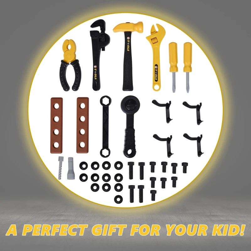 Qaba Workbench Set Pretend Play Toy with Realistic Tools 3-in-1 Design Suitcase Cart with 60 Pcs Accessories for Girls and Boys 3 to 6 Years Old Yellow