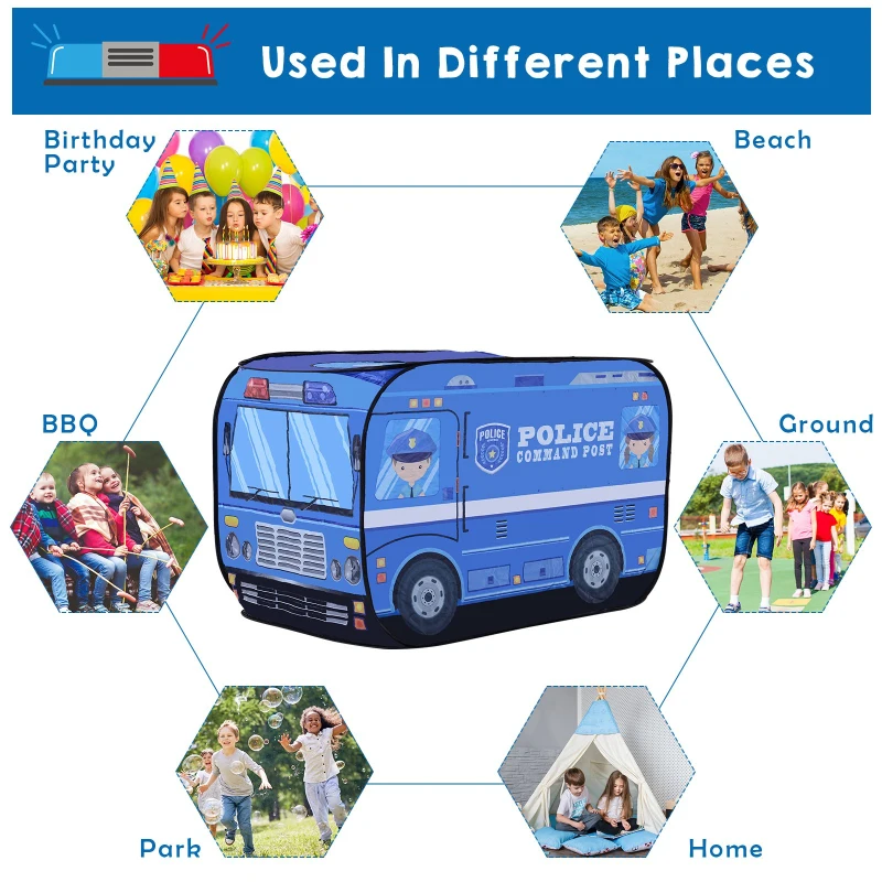 Qaba Kids Police Car Play Tent w/ top opening Pop-up Foldable Blue