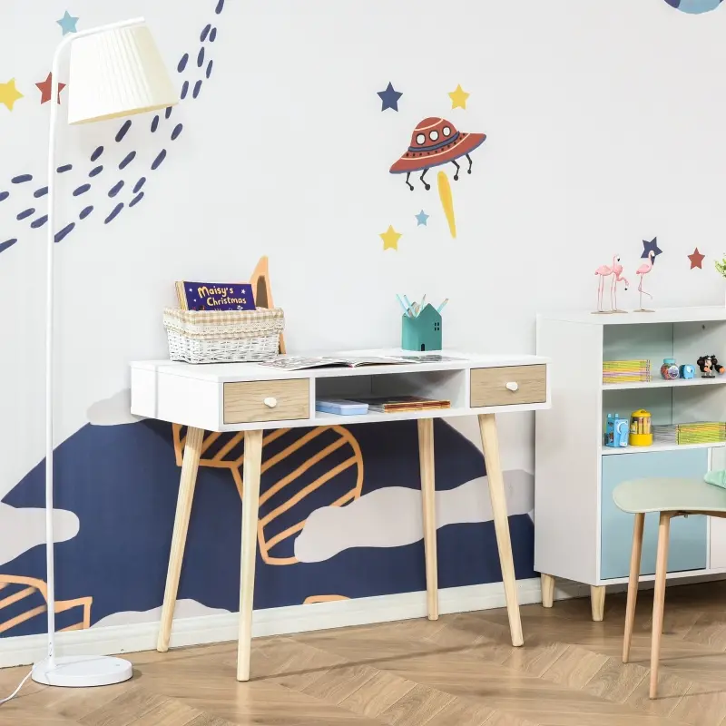 HOMCOM Kids Wooden Work Study Desk Makeup Vanity and Writing Computer Table with Storage Drawers & Pinewood Legs, White and Natural