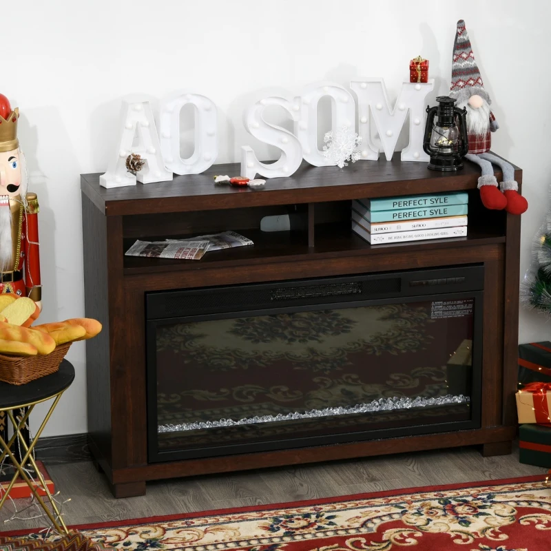 HOMCOM 43.75" W x 31.5" H Electric Fireplace Mantel TV Stand, Media Console Center Cabinet with Two Shelves and Remote Control, Brown